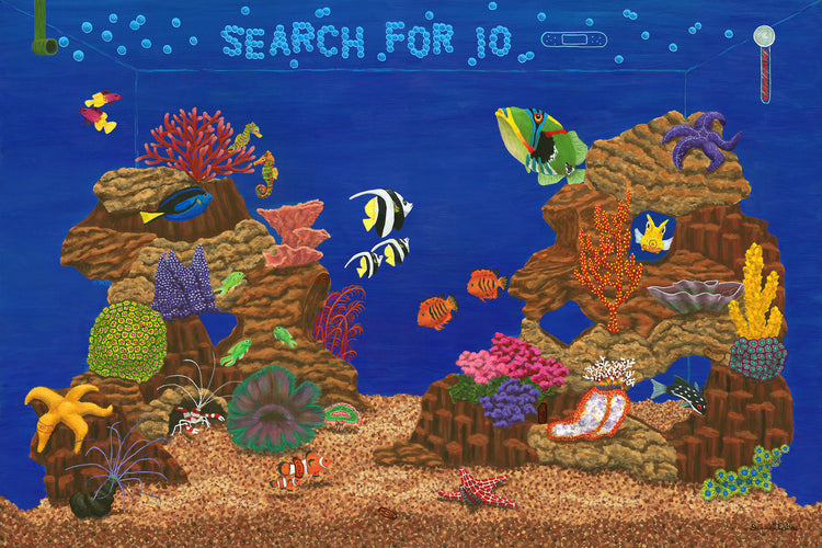 Search For 10 Fish Tank Favorites is a stunningly colorful wall art print that has 10 hidden bandages, keys or toothbrushes hidden within it designed for entertaining children in waiting rooms.