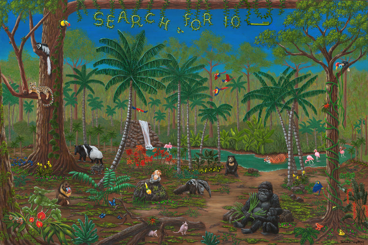 Search For 10 Rainforest RoundUp is a mesmerizing wall art print that has 10 hidden bandages, keys or toothbrushes hidden within its menagerie of colorful animals just waiting for children to find them and end their waiting room boredom.