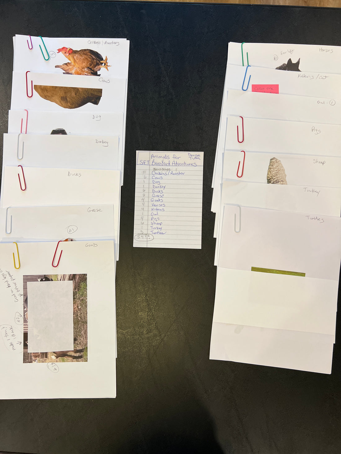 Shows piles of animal reference photos and a list of how many of each animal